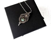 Gothic Victorian Spike Necklace - Wire Wrapped Labradorite Pendant - Gunmetal Pendant - Enamel Jewelry