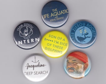 WES ANDERSON, The Life Aquatic with Steve Zissou badges - set of 6 pin back buttons, Bill Murray, Owen Wilson