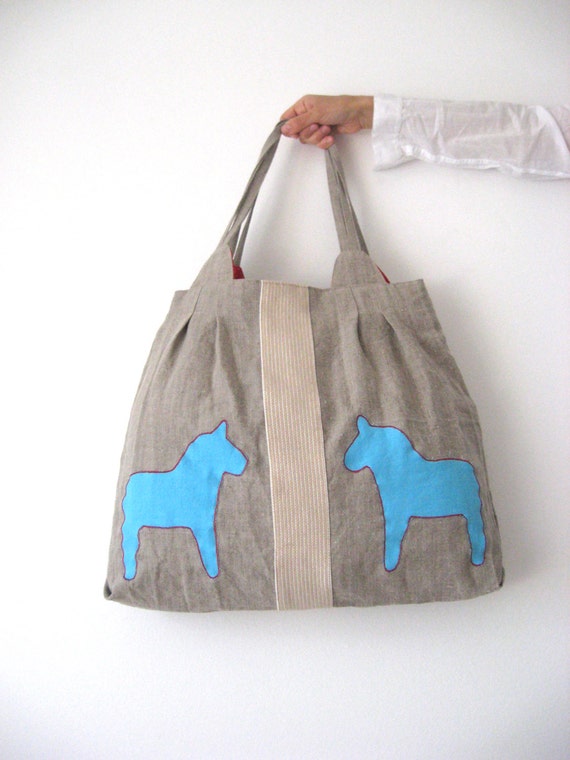 Dala Horse Turquoise Red Bag Natural GreyRustic Linen Large Tote ...