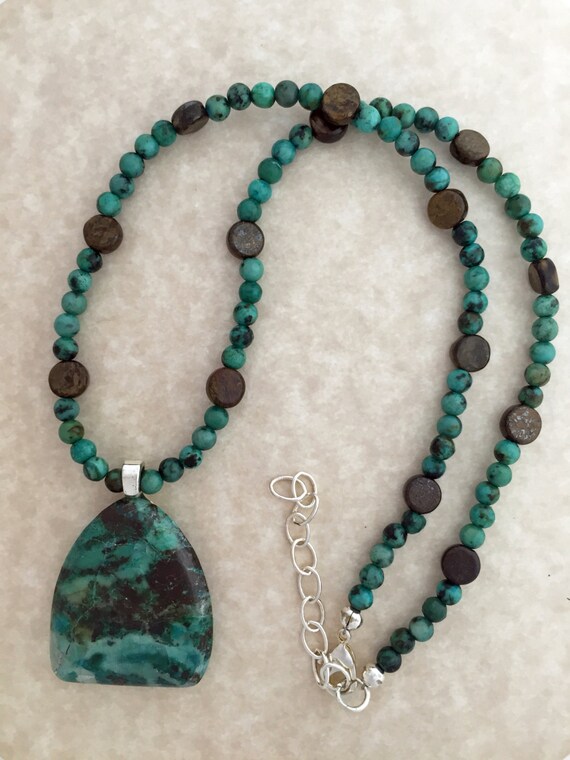 Green and Brown Chrysocolla Pendant Necklace on Beaded Strand