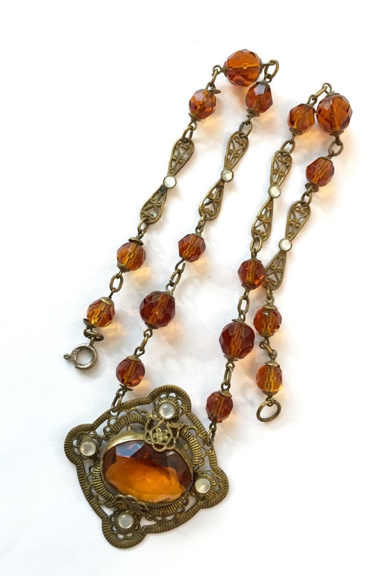 Vintage Art Deco Czech Necklace Amber Glass Crystal Moonstone