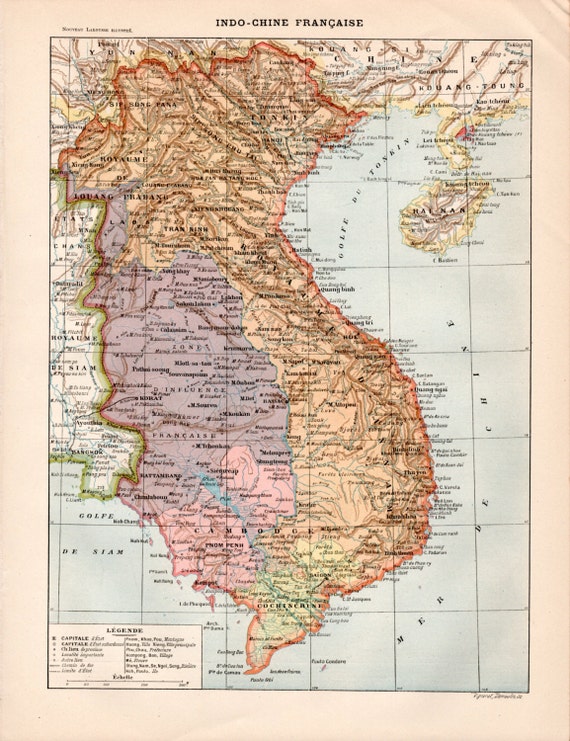 1897 Indochina Antique Map Print Vintage Lithograph Southeast