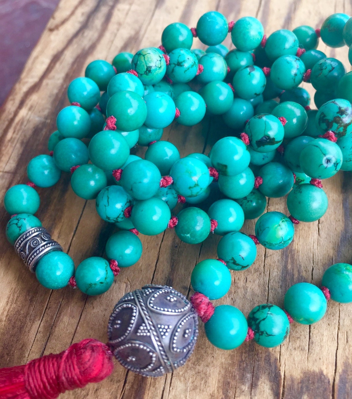 Viridian Turquoise Mala Beads Bali Sterling by NakedPlanetJewelry