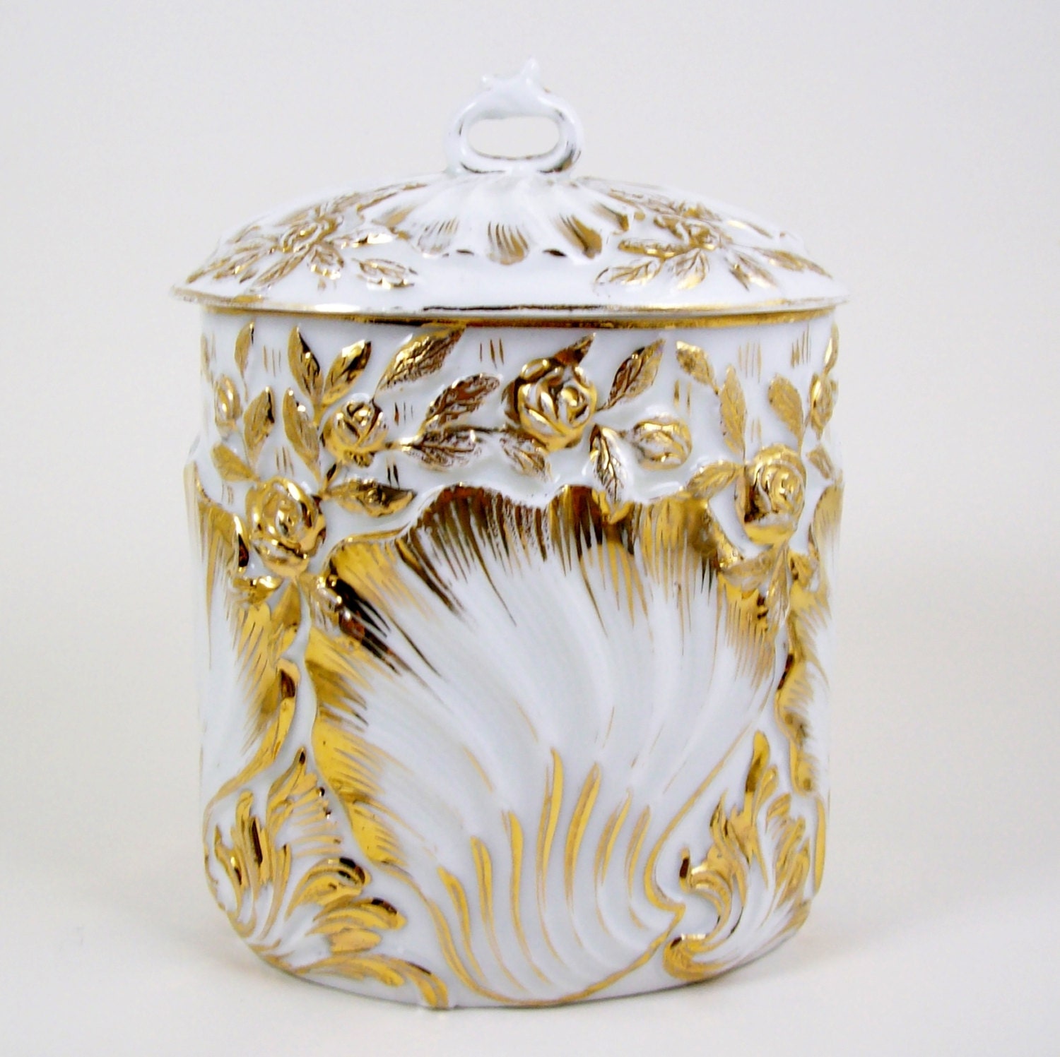 Antique Biscuit Cracker Jar Gold Shells & Roses Flowers Oval Shape