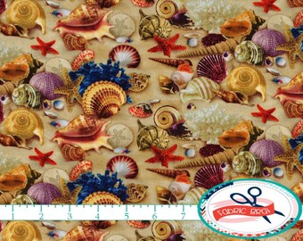 SANDY BEACH Fabric by the Yard, Fat Quarter Landscape Fabric Sea Shells Fabric Beach Sand 100% Cotton Fabric Quilting Fabric Yardage t3-6