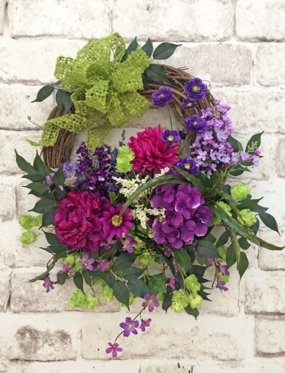 Purple and Lime Green Summer Wreath for Door by AdorabellaWreaths