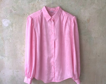 Shiny Powder Pink Roses 80s Blouse Size M E D I U M