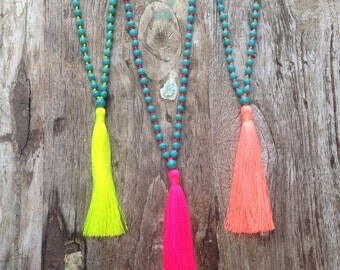 Beaded Tassel Necklace - Howlite Necklace - Mala Beads 108 - Turquoise Stone Mala Necklace - Howlite Beads - Turquoise Howlite Stone Tassel