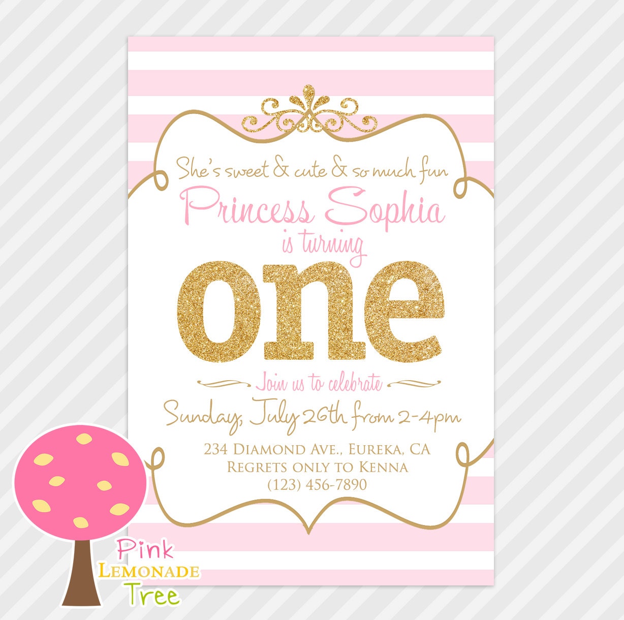 Pink and Gold First Birthday Party Invitation Gold Glitter