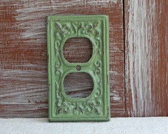 Outlet Cover, Outlet Plate, Plug Cover, Sage Green, Distressed, Electrical Outlet Plate Cover, Cast Iron Metal, Wall Socket cover plate
