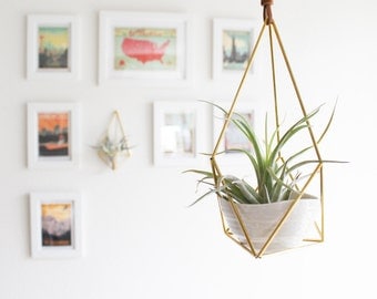 The Planter |  Hanging Brass Air Plant Holder with Cup, Modern Minimalist Geometric Ornament