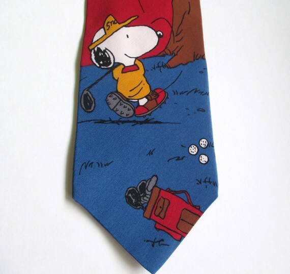 Vintage Peanuts Silk Necktie Snoopy Woodstock Golfing Red Blue