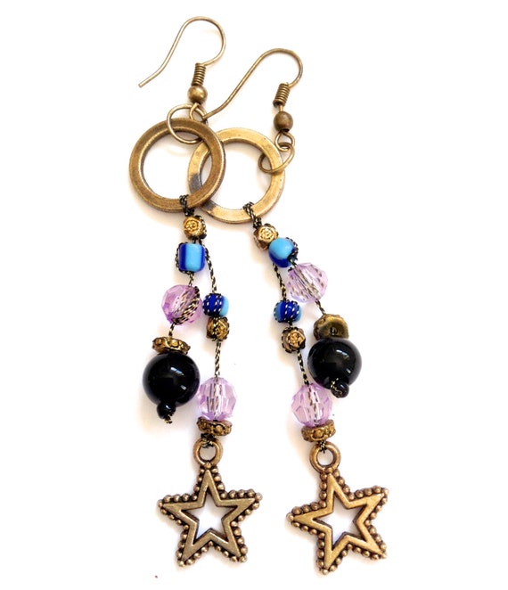 Long Star Earrings Vintage Bead Detail by ReTainReUse on Etsy