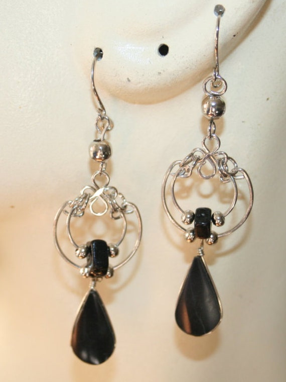 Handmade alpaca silver earrings peruvian gemstone black onyx