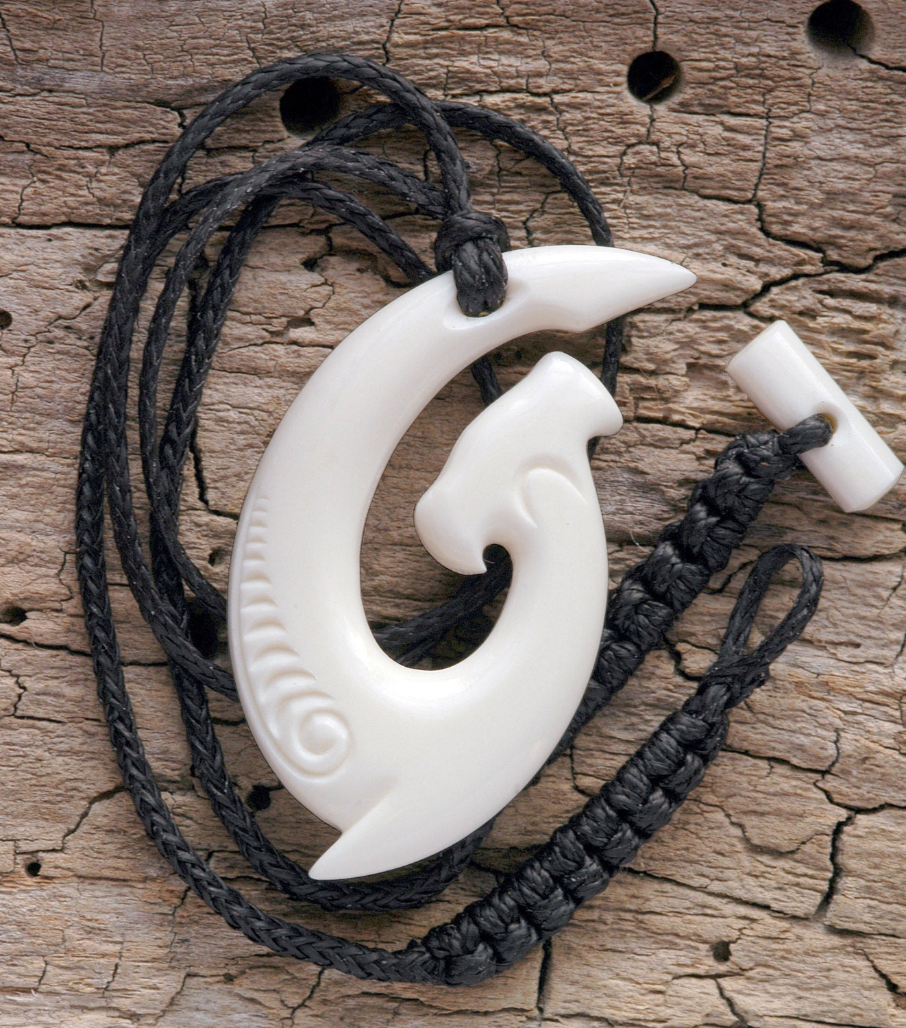 Maori Hammerhead Hei-Matau Bone Carving Necklace by BoneArtPlace