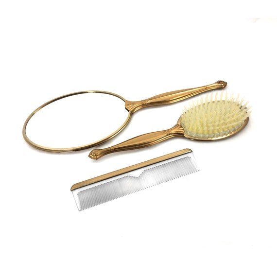 Vintage Gold Hand Mirror Brush and Comb 3 Piece Vanity