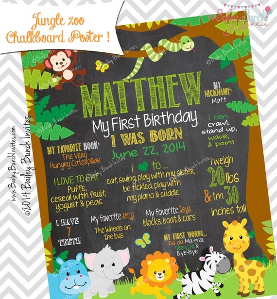 Jungle Birthday Chalkboard Poster Zoo by BaileyBunchInvites