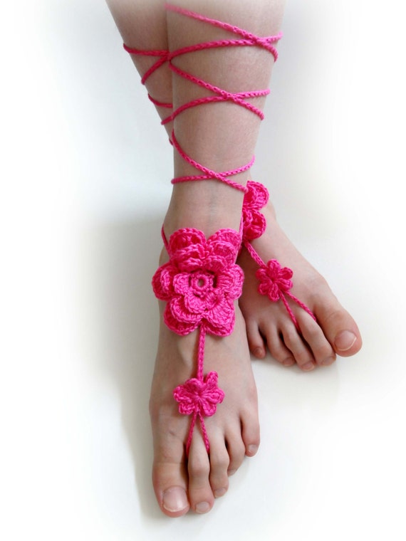 Crochet Flower Barefoot Sandals. Hot Pink or 27 colors. Woman's Foot ...