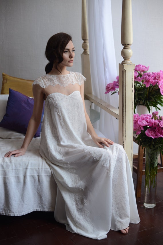 Long Silk Bridal Nightgown With Lace F2 Bridal Lingerie