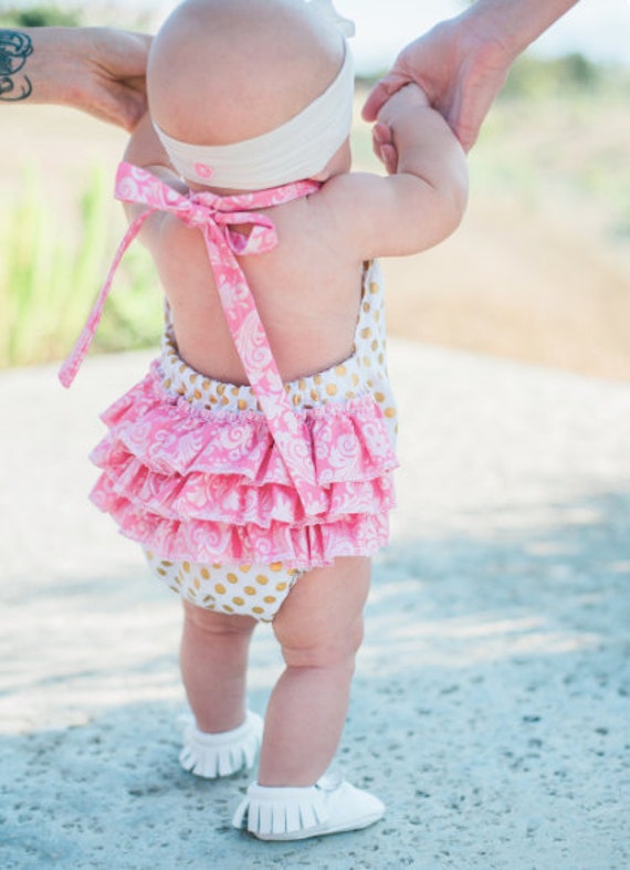 SALE Polka & Paisley Ruffled Baby Girl Romper. Baby Girl