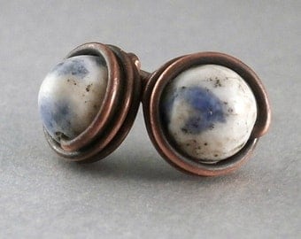 SALE Sodalite Stud Earrings Earthy Stone Jewelry Wire Wrapped Jewelry Gemstone Earring Tiny Oxidized Copper Simple Everyday Gemstone Jewelry