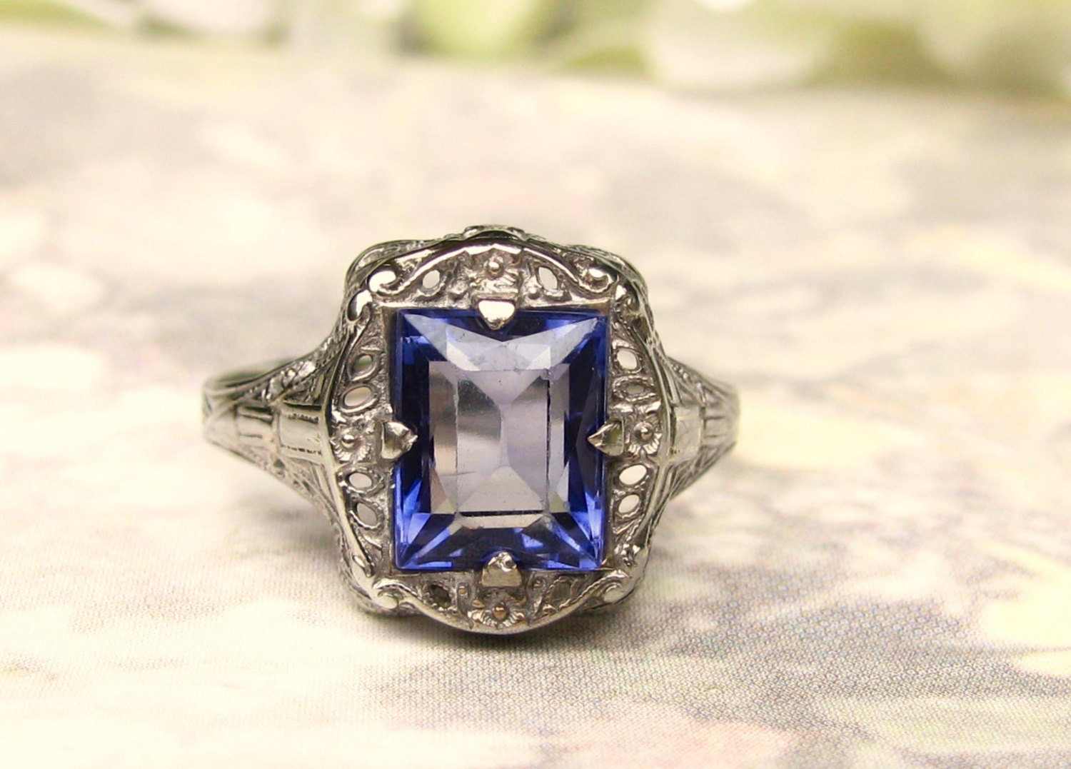 Vintage Sapphire Engagement Ring 1.74ct Emerald Cut Blue