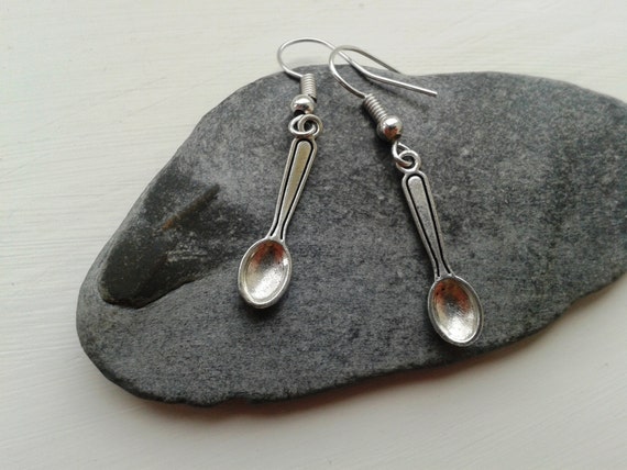 Cheap Christmas Stocking Ideas for the Baker - Silver Spoon Earrings, Tiny spoon drop earrings, Novelty Earrings, Fun Earrings, Chef gift idea, Chef jewellery, Cook gift, Foodie Cutlery