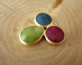 Triple Jade Stone Charm Pendant- 34 mm 24K Gold Plated Bezel Charm Pendant - GS034-F