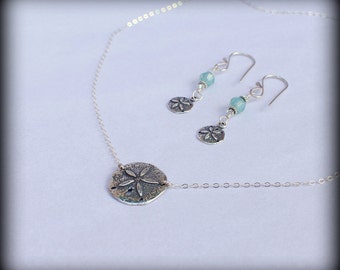 Sand dollar necklace, Sterling silver sand dollar necklace and earring set