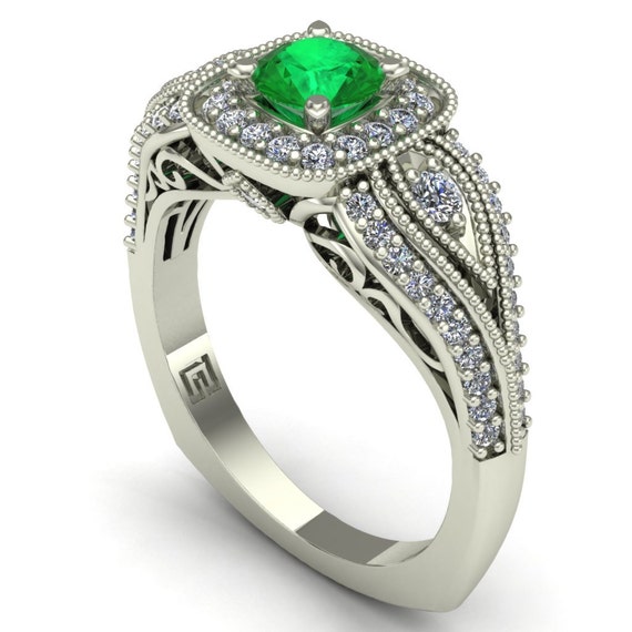 Emerald Engagement Ring - Diamond Halo Engagement Ring 14k White Gold ...