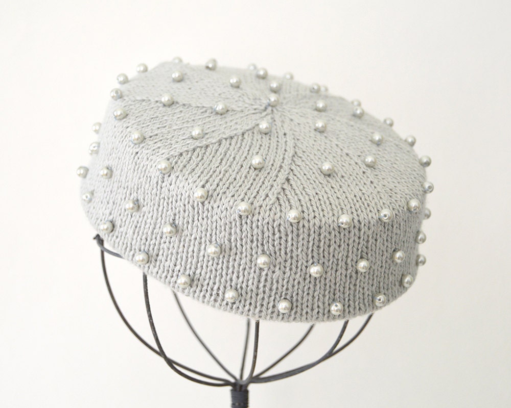 Gray PillBox Hat with Pearls Knitted Cotton / Silk by WhitePurls