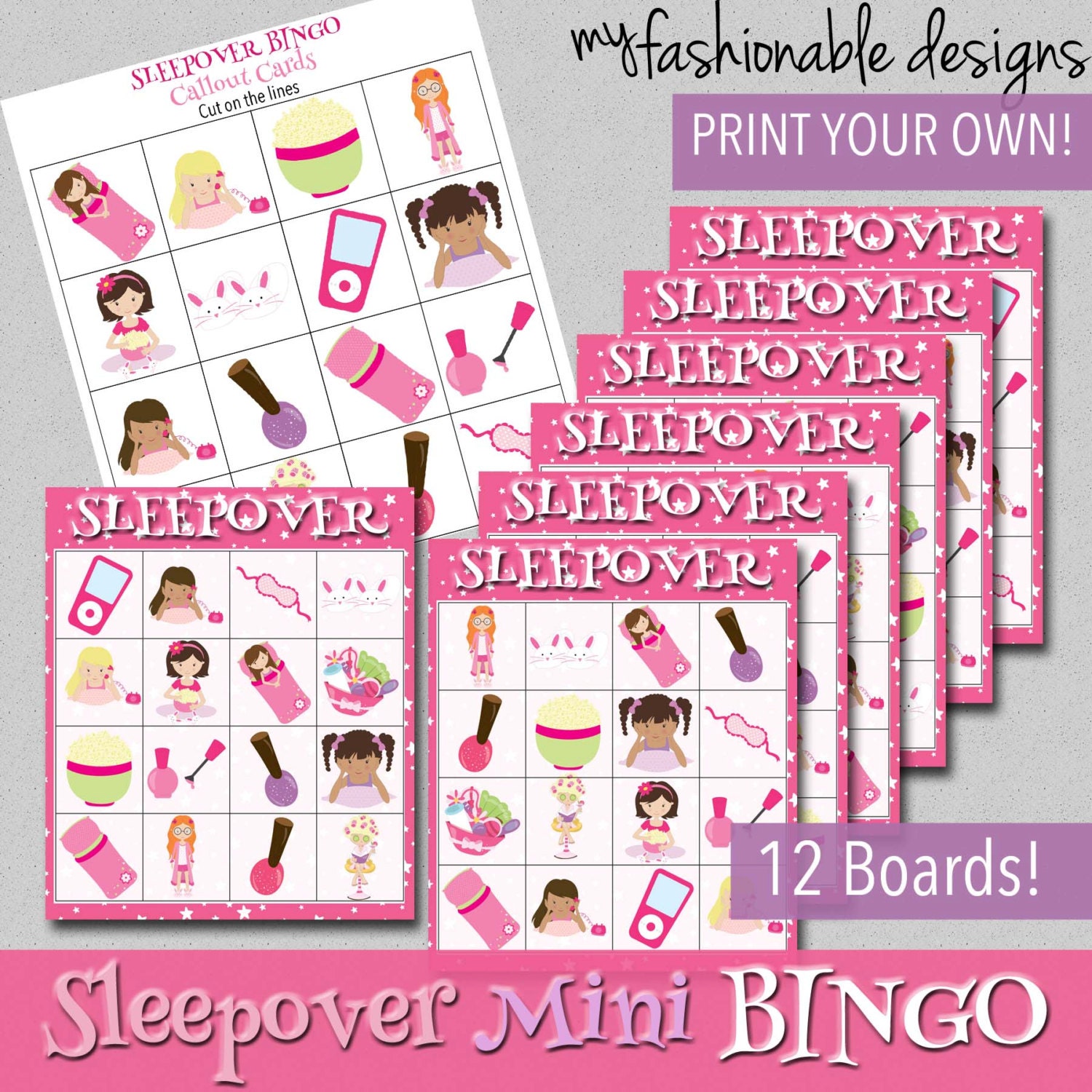 sleepover mini bingo game print your own instant download
