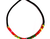 Summer Bohochic, Red, Yellow, Green, Colorful Ethnic, Tribal, Oriental, Native, Thread Wrapped Rope, Fabric, choker, Collar, Beach Necklace