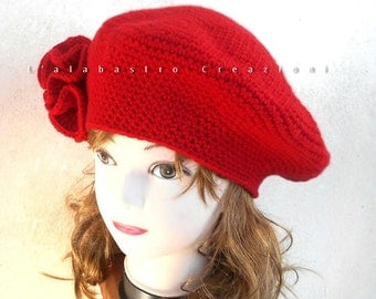CASHMERE french beret, retro crocheted red hat with hyperbolic flower, unique gift idea for bohemian woman, vintage style cachemire bonnet