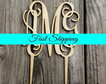 Cake Topper - Unfinished Wooden Monogram Cake Topper - Custom Monogram Cake Topper - Wedding Cake Decor