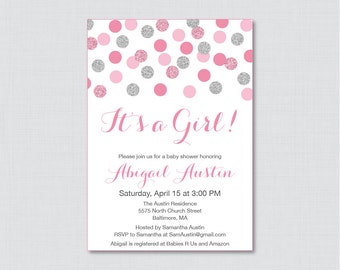 Pink and Gray Baby Shower Invitation Printable OR Printed - Silver and Pink Glitter Baby Shower Invites - Pink Baby Shower Invitation 0023-P