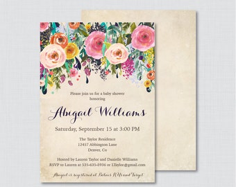 Floral Baby Shower Invitation Printable or Printed - Flower Baby Shower Invites, Shabby Chic Baby Shower Invite Baby Girl Baby Boy 0025-A