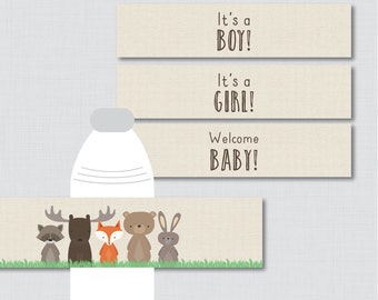 Woodland Baby Shower Water Bottle Labels Baby Shower Printable "It's a Girl" "It's a Boy" - Instant Download - Woodland Baby Decor- 0010