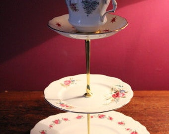 Mad hatter cake stand, teacup cake stand, jewellery stand. 3 tier stand, tea parties, gift, wedding decor, Alice in wonderland, vintage home