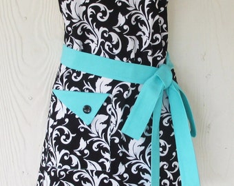 Black Damask Apron , Womens Full Apron , Retro Style , Black and White , Aqua Trim , KitschNStyle
