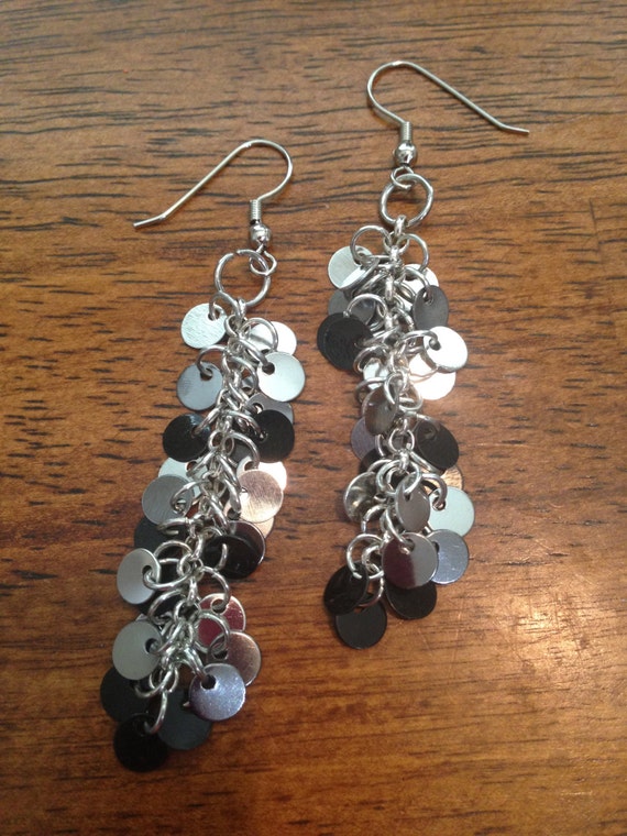 Items similar to Silver and black sparkly dangle earrings on Etsy