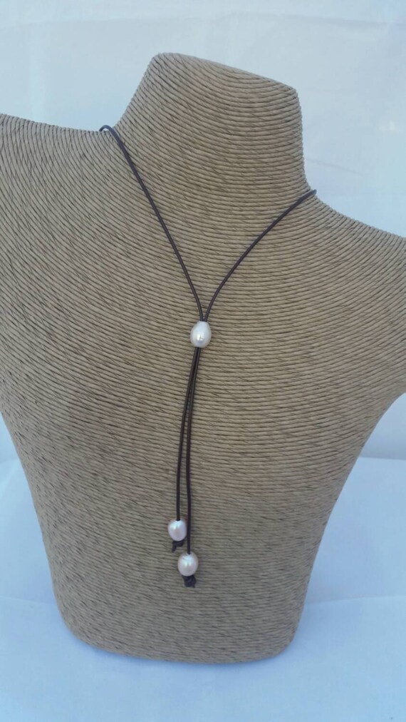 Leather pearl lariat - white pearl leather necklace - rustic bridal ...