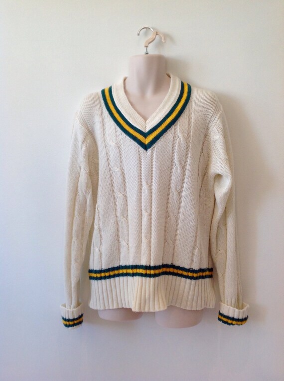 Vintage 80s 1980s Mens Wool Cricket Jumper Off White Gold