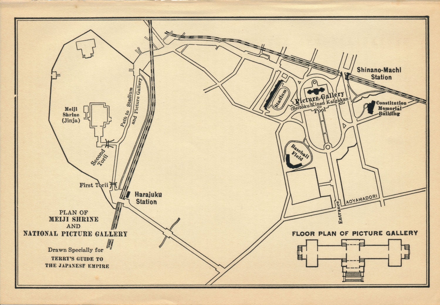 1928 Meiji Shrine Tokyo Japan Antique Map