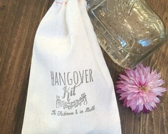 25% OFF - Bachelorette or Wedding Favor 5"x7" Muslin Bags - Hand Stamped - Hangover Kit - In Sickness & in Health! Sold in packs of 6!