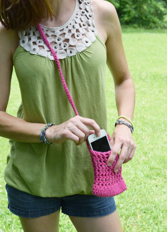 Hot Pink Crocheted Cell Phone Holder or Case with Strap