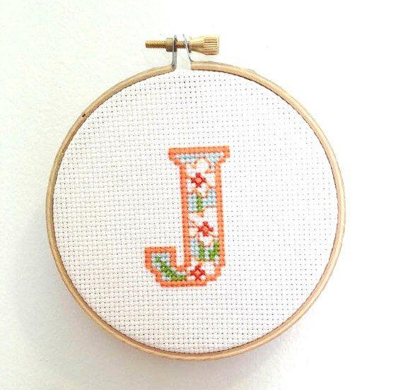 Letter J Wall Art Completed Cross Stitch Initial by StitchMeSweet