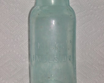 1903 Aquamarine Glass Milks Emulsion Bottle Rare Find!