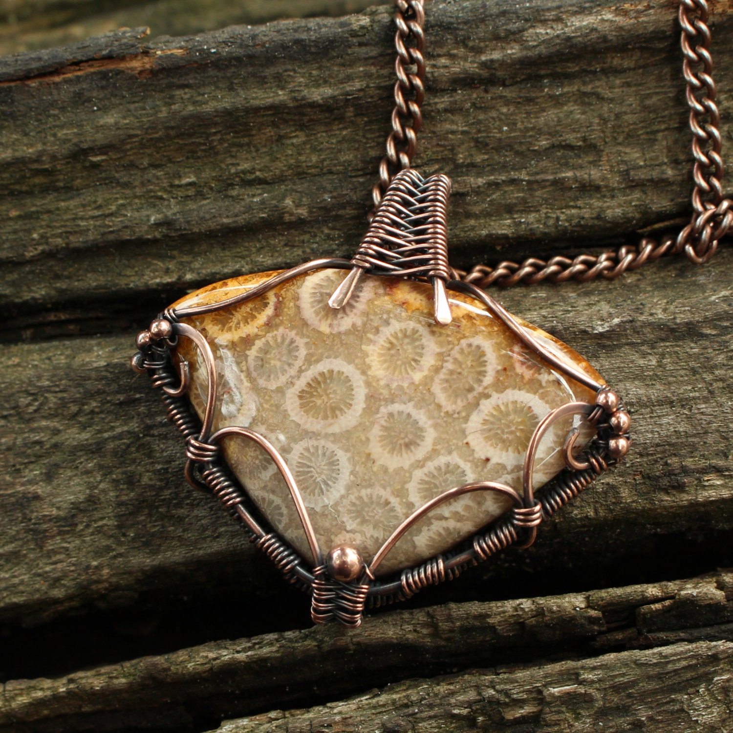 Wire wrapped pendant Fossil coral pendant by LacyLoveWireWrap