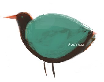 Oiseau brun, vert, orange, dessin numérique original, impression de qualité, type giclée. Cadre non-inclus.